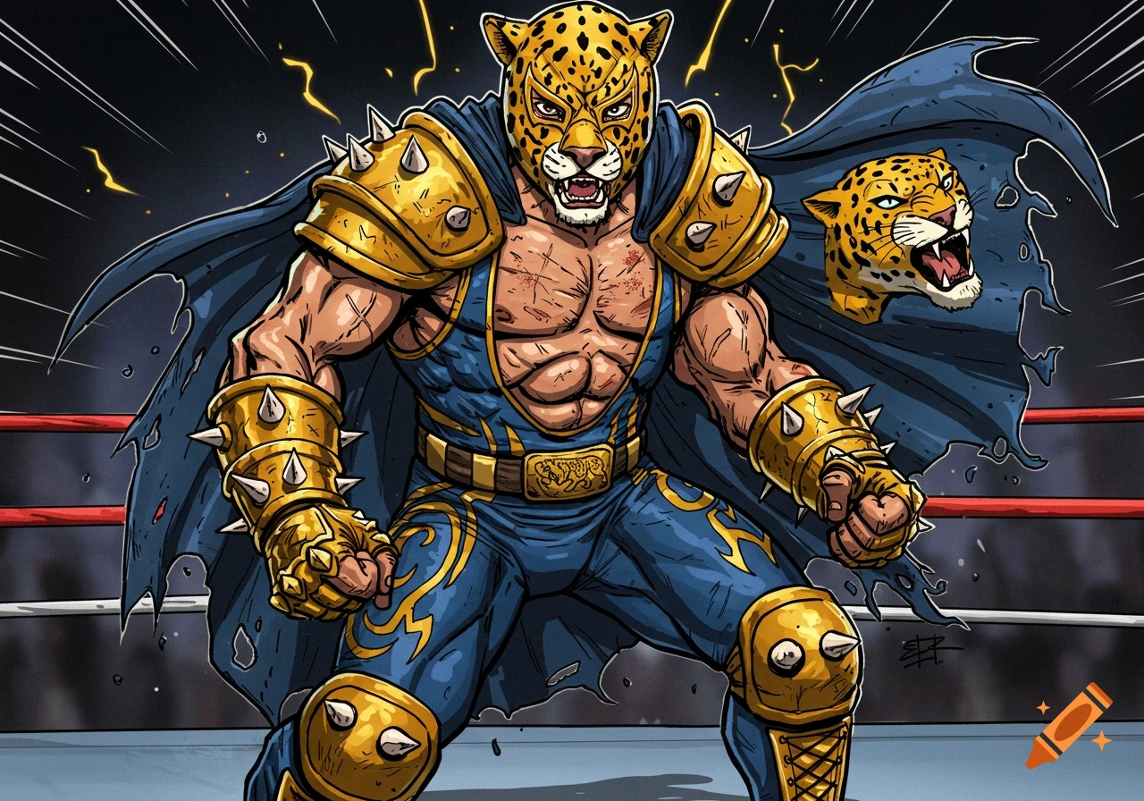 A muscular luchador wrestler with a jaguar mask and gold armor in a comic book style.