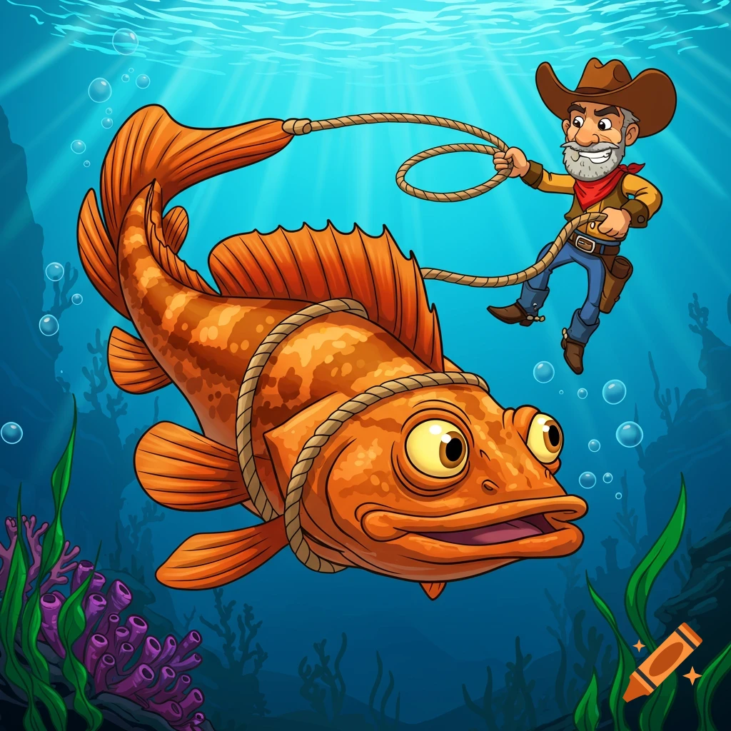 Cartoon cowboy lassooing a large orange fish underwater.