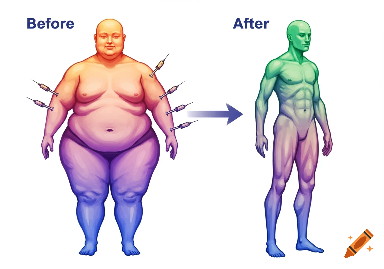 Before and after illustration of weight loss using injections
