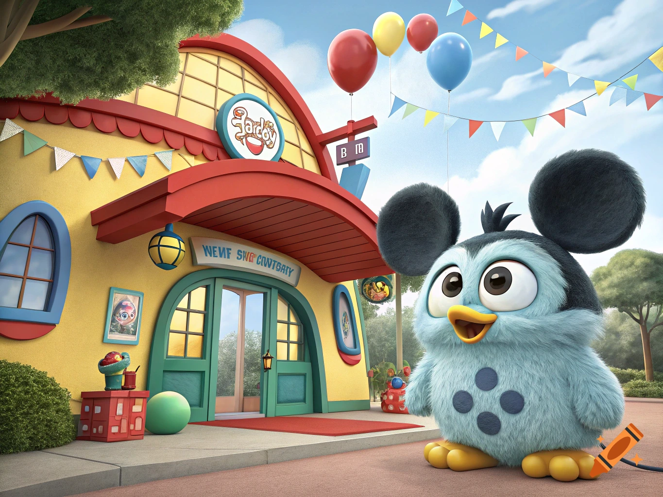 A cute blue and grey fluffy creature with large ears and spots stands in front of a bright yellow building decorated with balloons and banners.