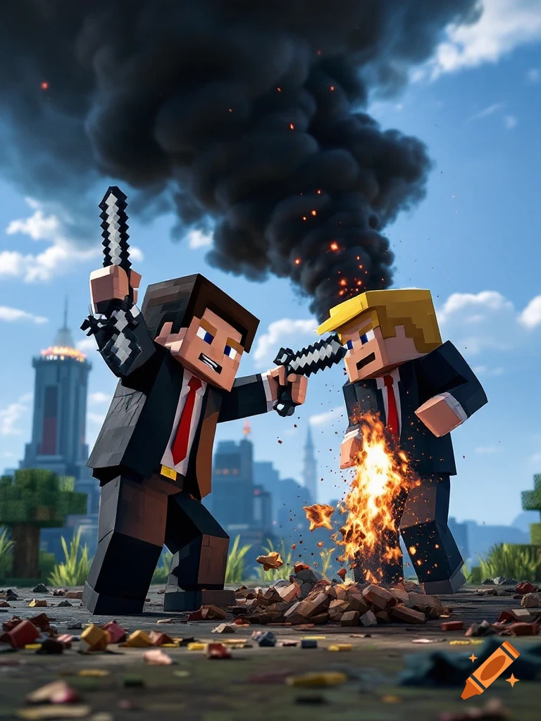 Blocky figures resembling Elon Musk and Donald Trump fight with swords in a destroyed Minecraft city.