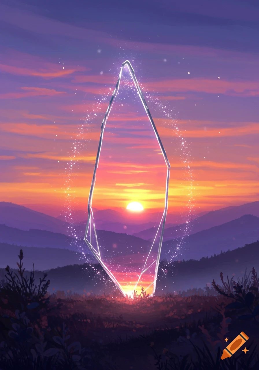 A glowing crystal shard stands in a field against a sunset sky over mountains.