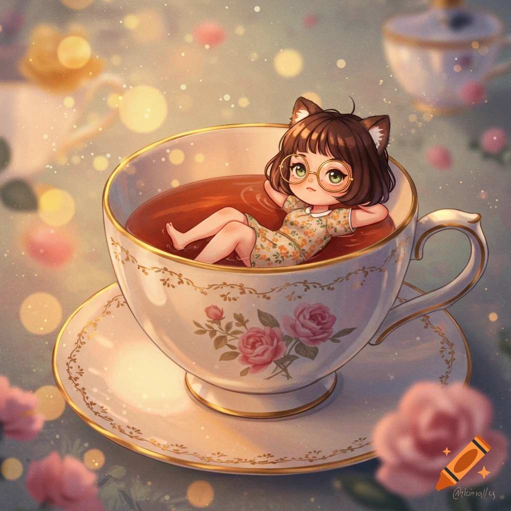 Chibi anime girl with cat ears and glasses relaxes in a large teacup