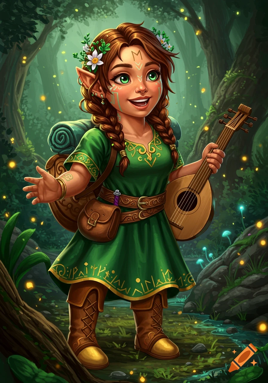 Illustration of a female halfling bard playing a lute in a forest.