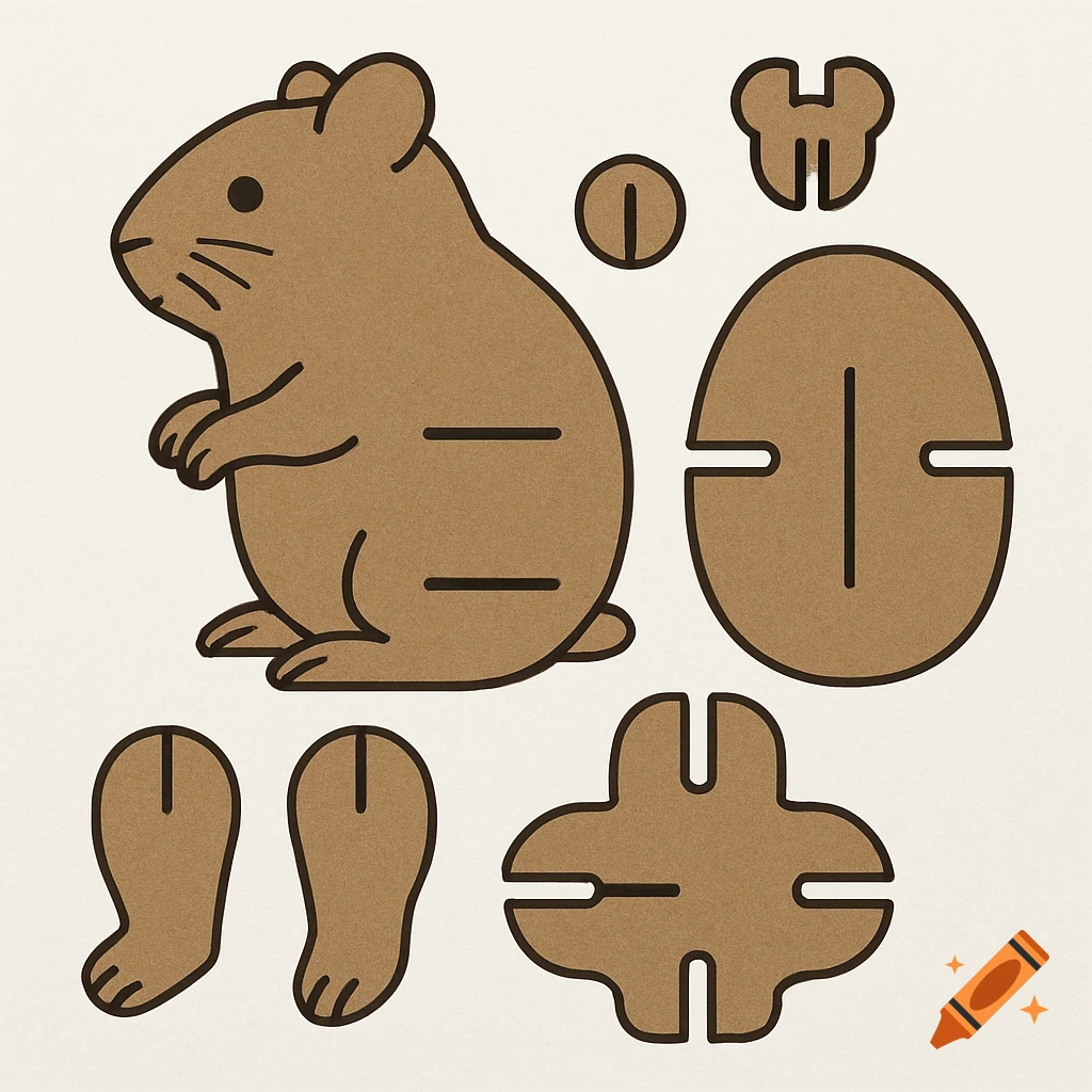 Pattern showing several brown cardboard pieces to assemble a slot-together hamster model.