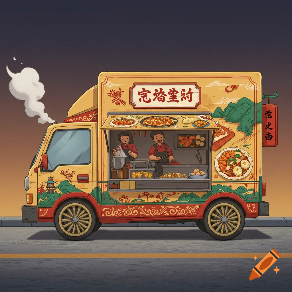 Animated illustration of an ornate food truck decorated with Asian motifs, with two people serving food inside.