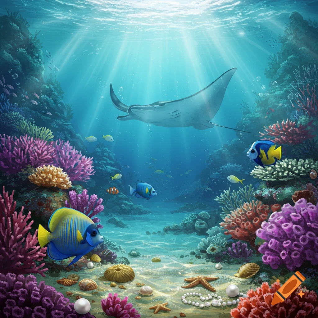 An underwater illustration of a manta ray swimming over a coral reef with fish, shells, and pearls.