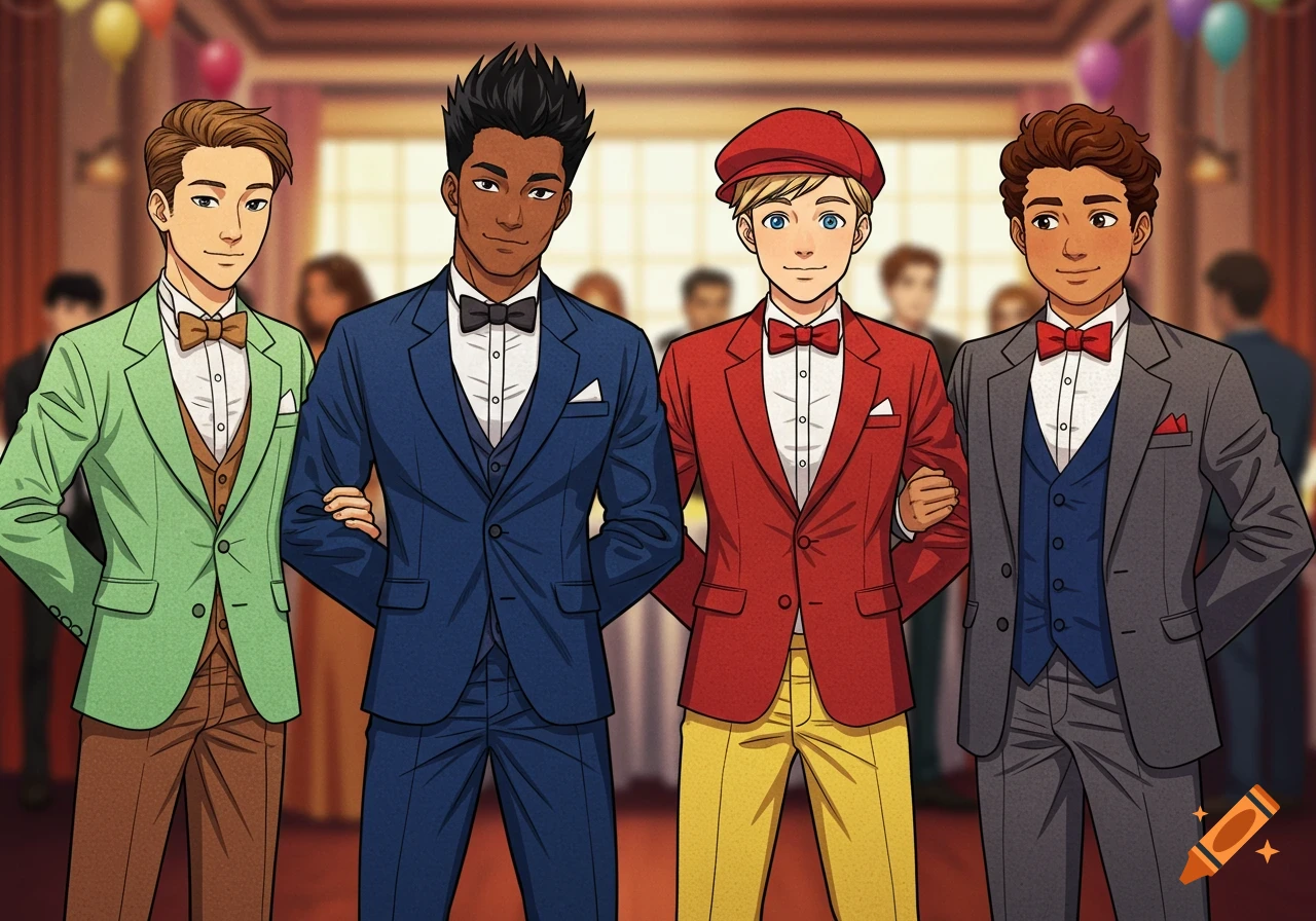 Anime style rendering of four teenage boys in tuxedos standing at a formal event.