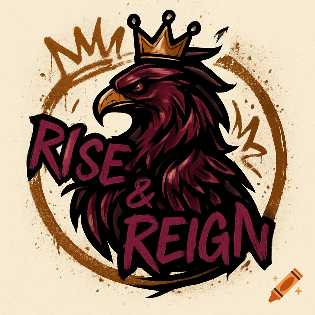 Urban art logo of a crowned eagle with text 'RISE & REIGN' and graffiti elements.