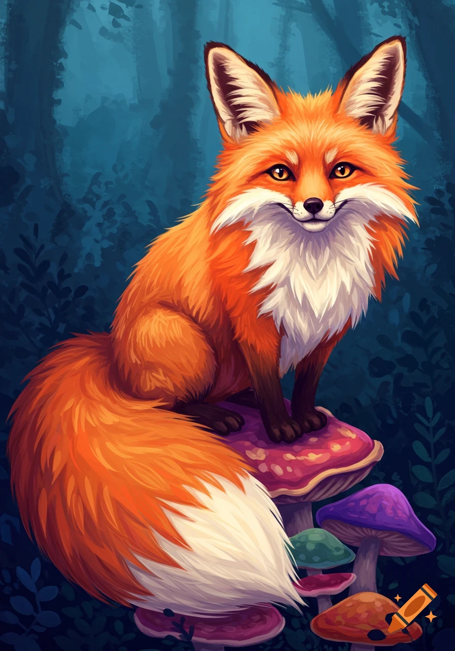 An illustration of a cute orange fox sitting on colorful fantasy mushrooms in a dark forest.