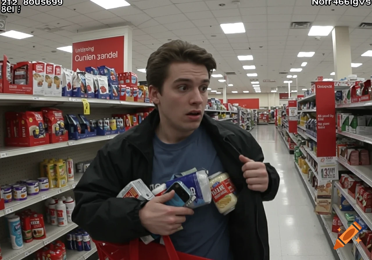 Person shoplifting in a store, viewed from a security camera perspective.