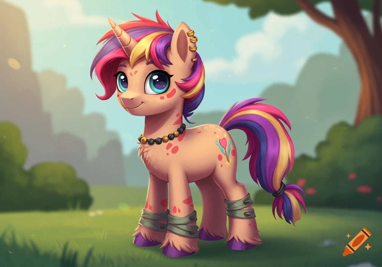 A cute cartoon pony with colourful hair and horn stands in a grassy field