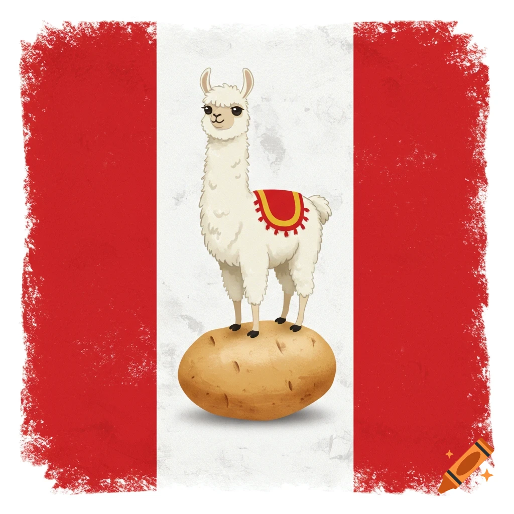 Cartoon llama standing on a potato in front of a background resembling the Peruvian flag