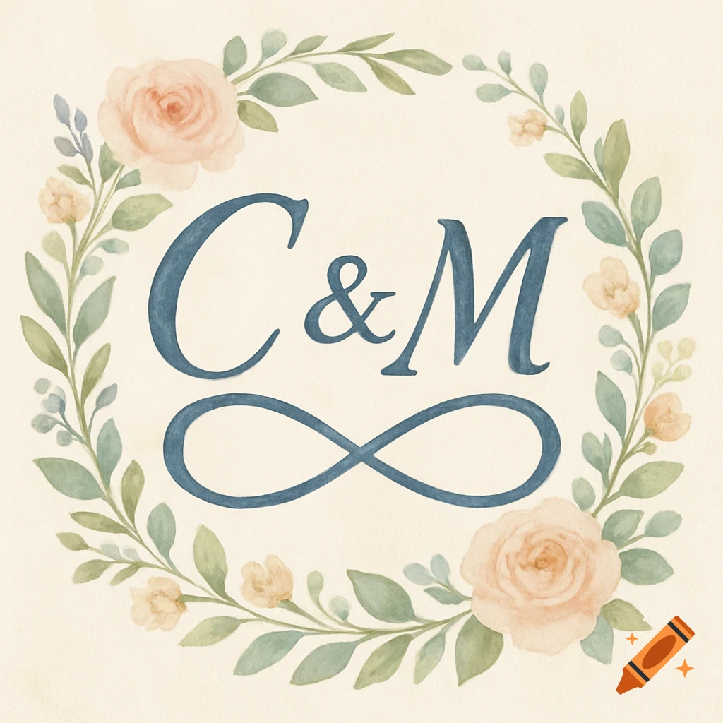 Watercolor floral wreath with C & M letters and infinity symbol