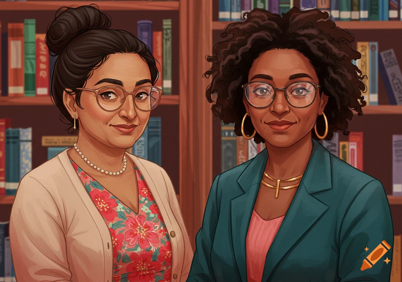Two diverse women, appearing as librarians, stand in front of bookshelves in an illustrated style.