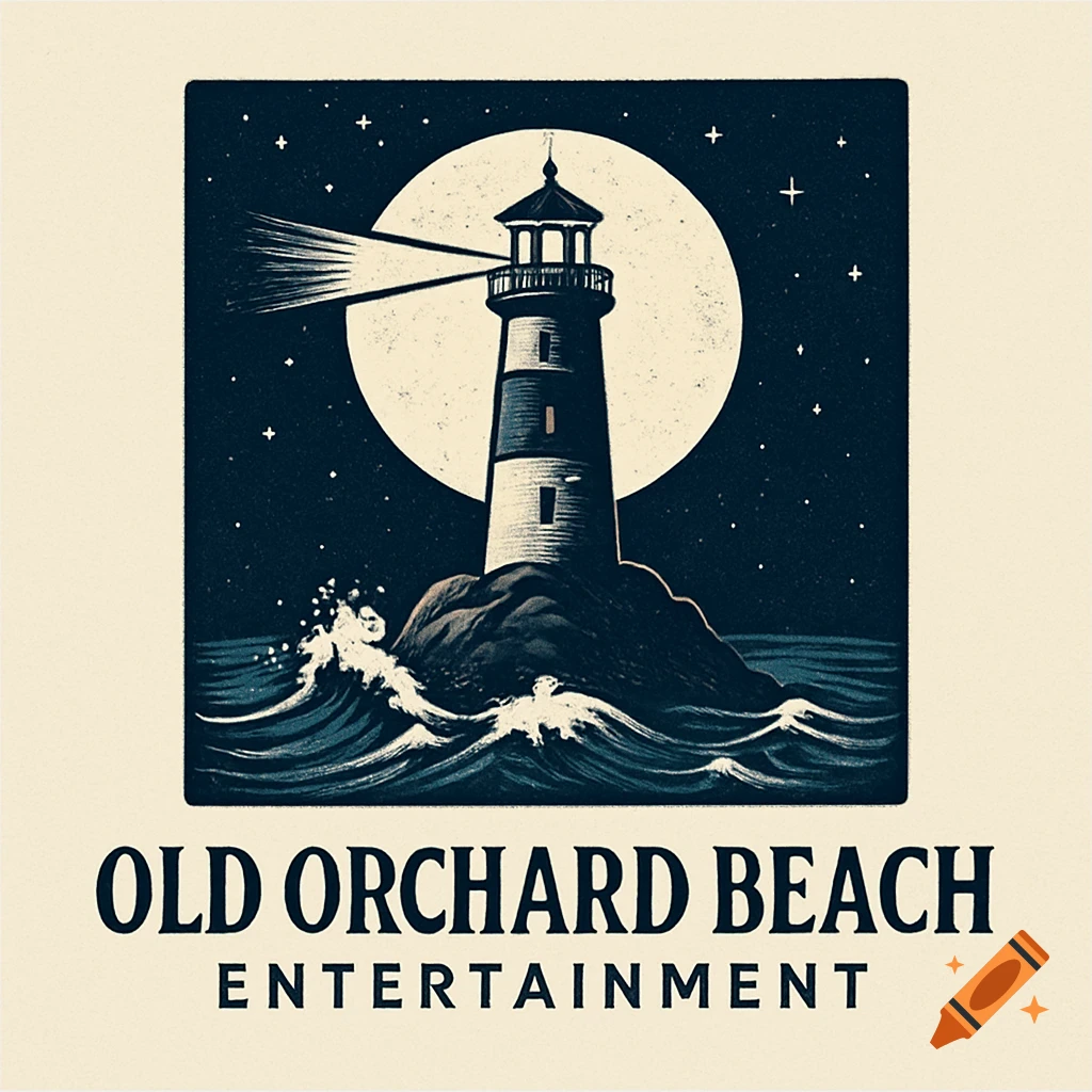 A vintage-style logo featuring a lighthouse on a rocky island with waves crashing, under a full moon and star-filled night sky. Below the square logo is the text 'OLD ORCHARD BEACH ENTERTAINMENT'.