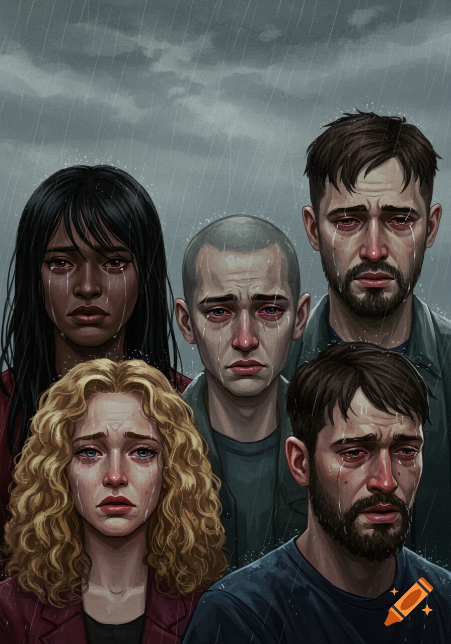 Multiple people crying in the rain