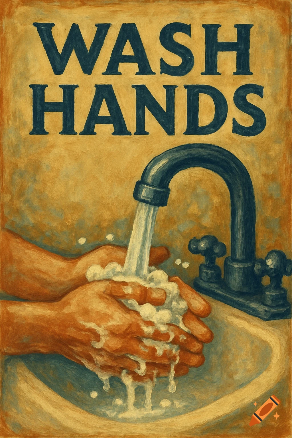 Stylized painting of hands washing under a faucet in a sink, with the words "WASH HANDS" above.