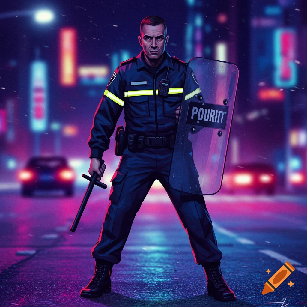 Illustration of a police officer holding a baton and riot shield in a neon-lit city street.