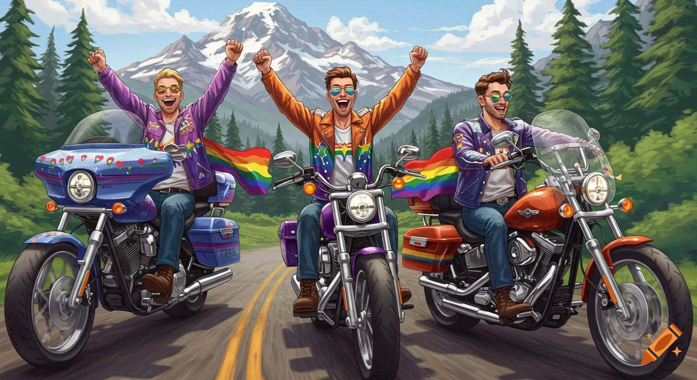 Illustrated scene of three men riding motorcycles with pride flags in a mountain landscape.