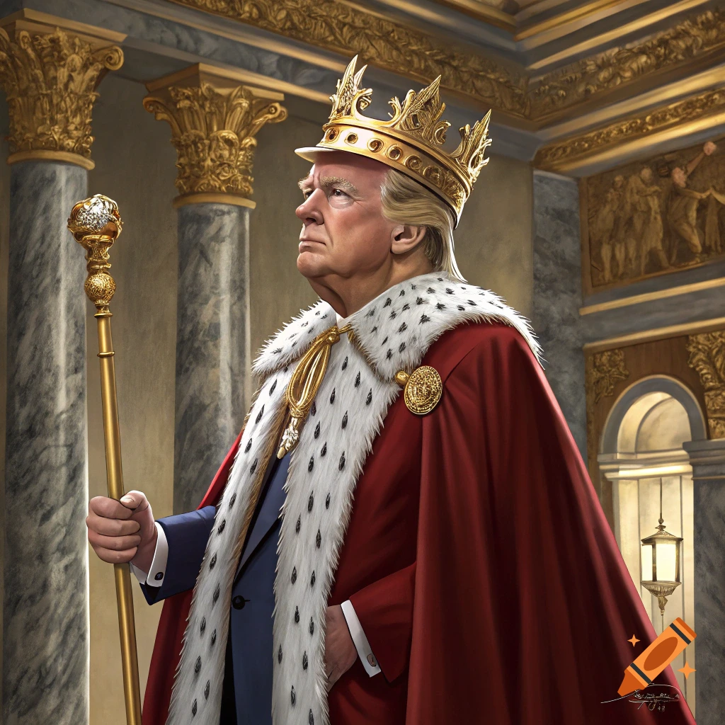 A man wearing a crown and royal robes stands in a large hall holding a scepter.