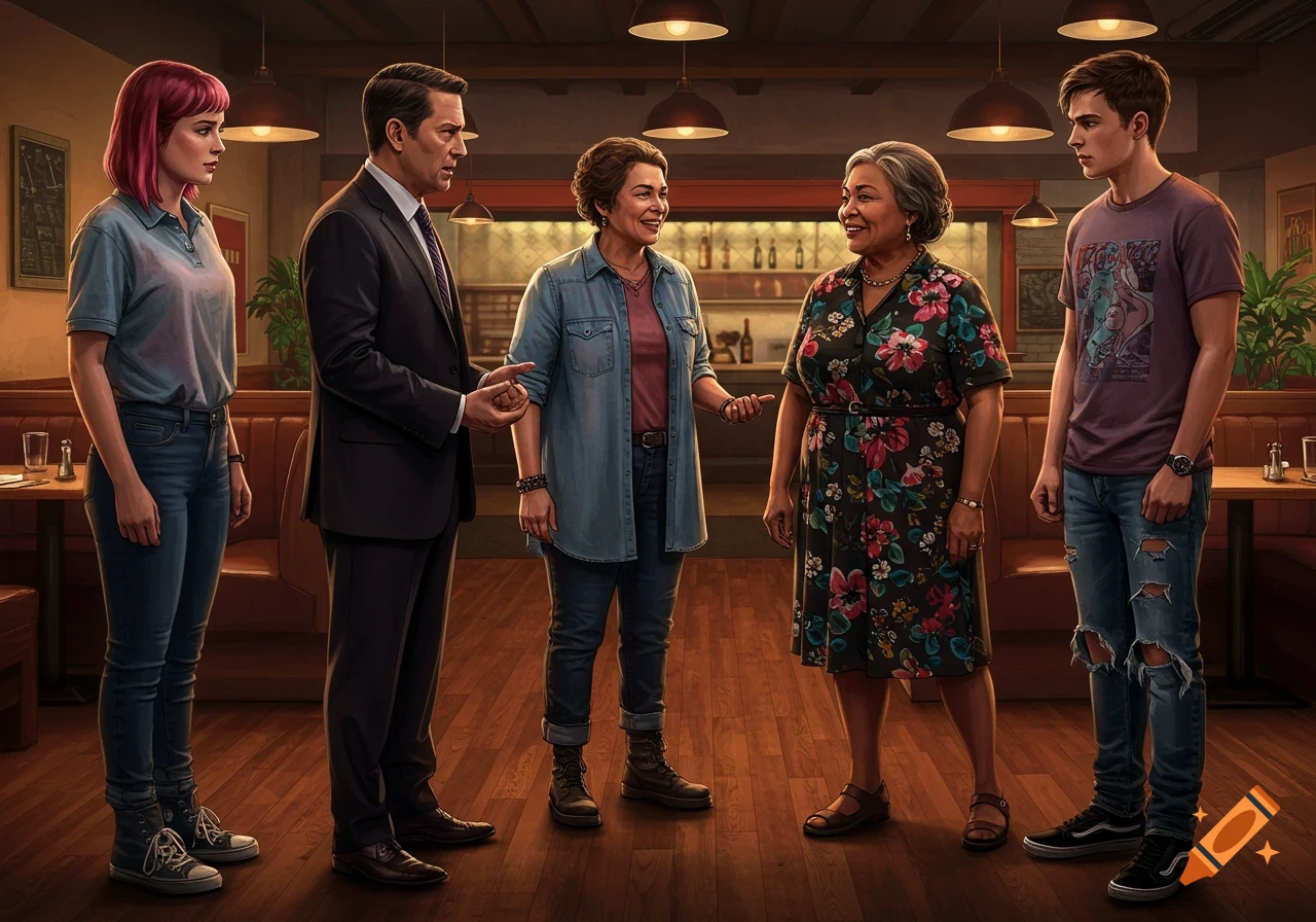 Four people talk in a restaurant, appearing tense.