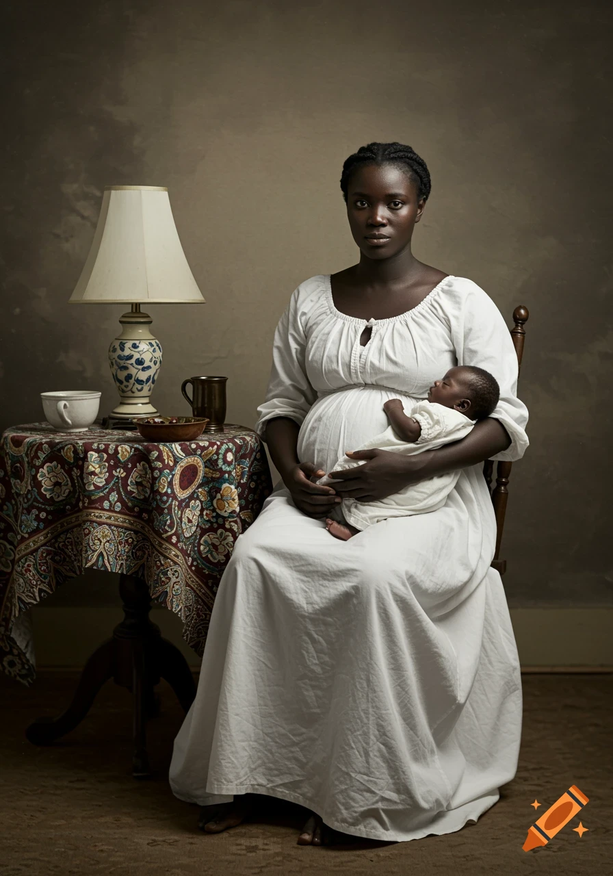 Photorealistic portrait of a pregnant Black woman in a white dress holding a baby, sitting by a table with a lamp.