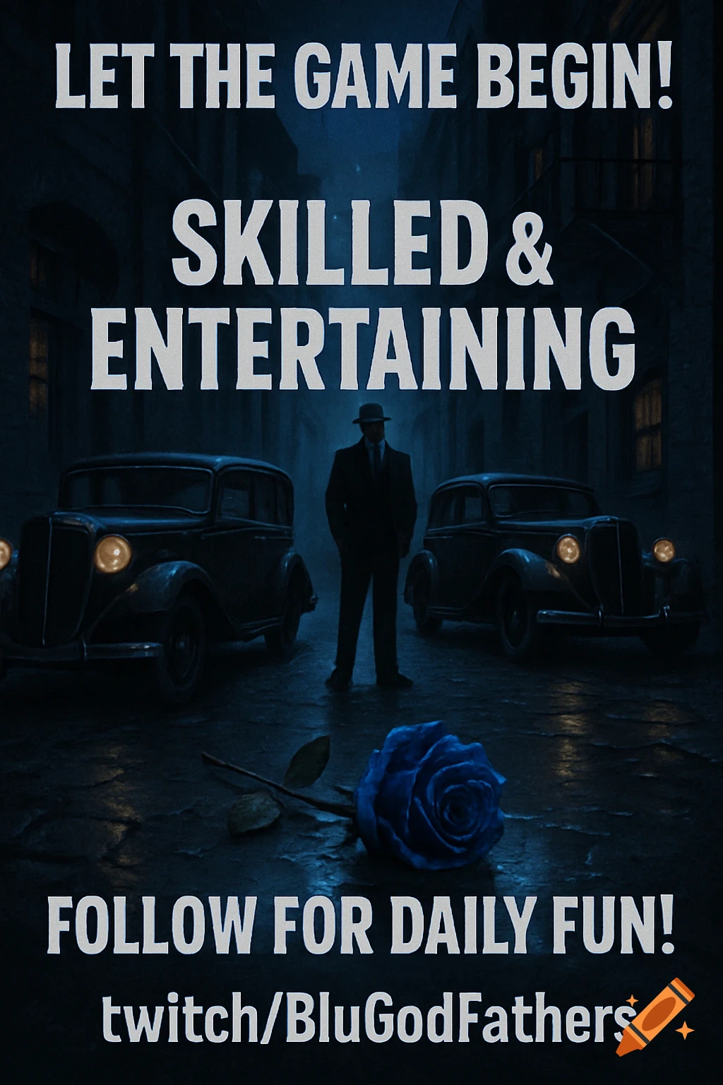 A man in a fedora and suit stands between two vintage cars in a dark alley with a blue rose on the ground and overlaid promotional text.