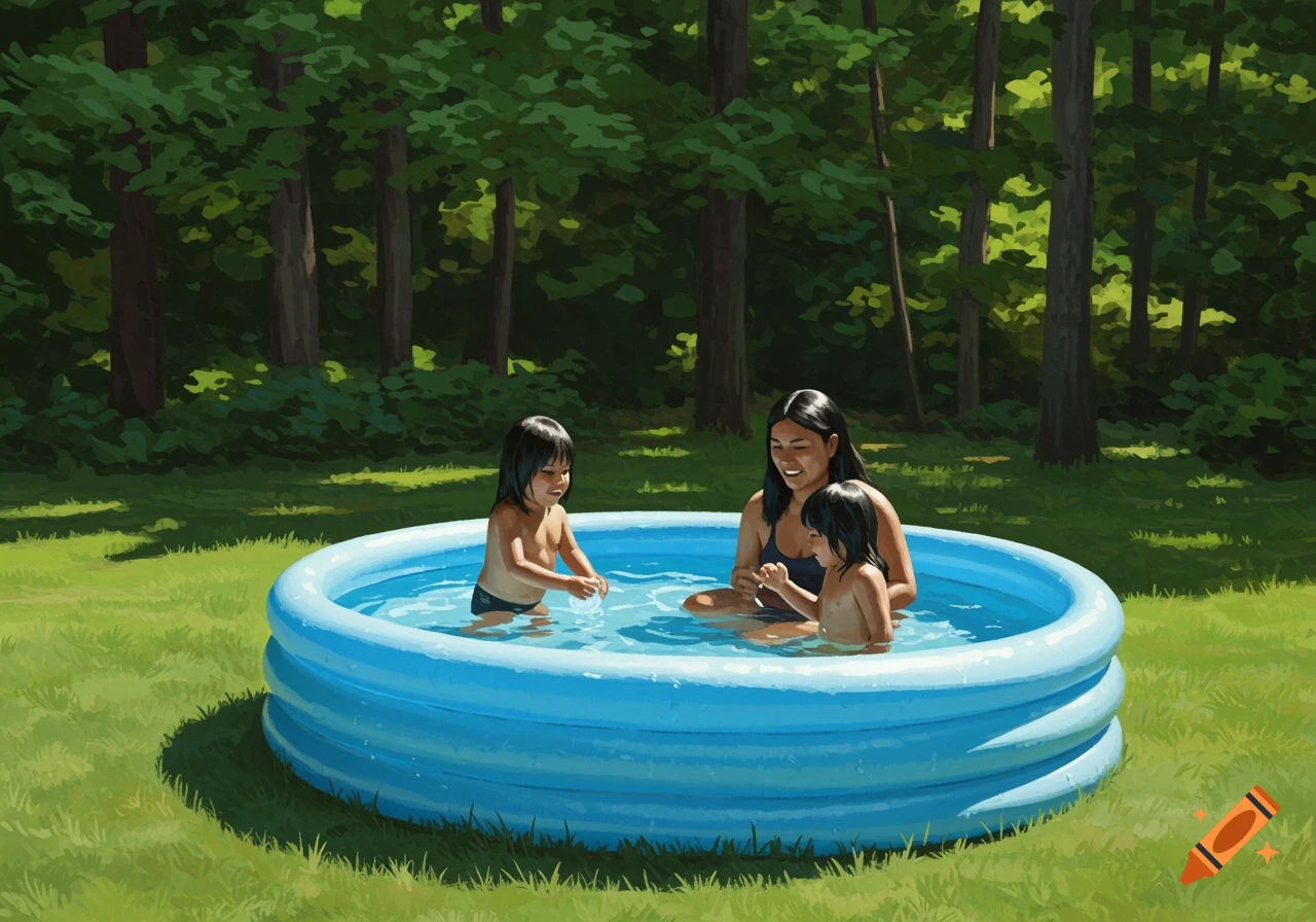 A mother and two children play in a blue inflatable pool in a wooded backyard.