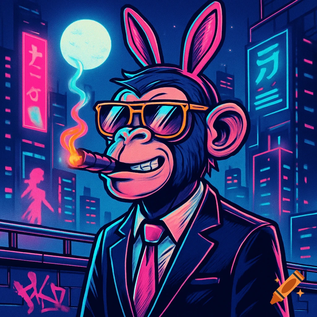 A cyberpunk monkey in a suit, bunny ears, and sunglasses smokes a cigar against a neon city background.