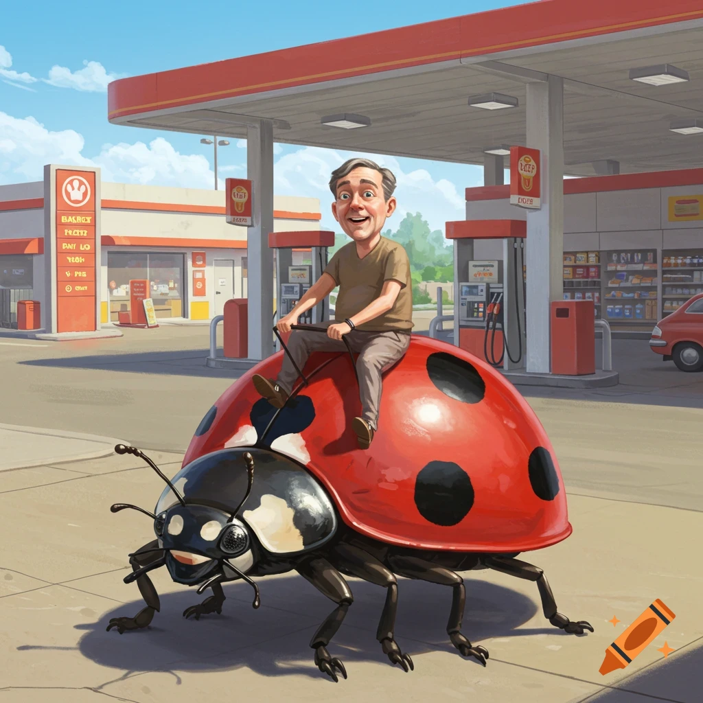 Illustration of a man riding a giant ladybug in front of a gas station