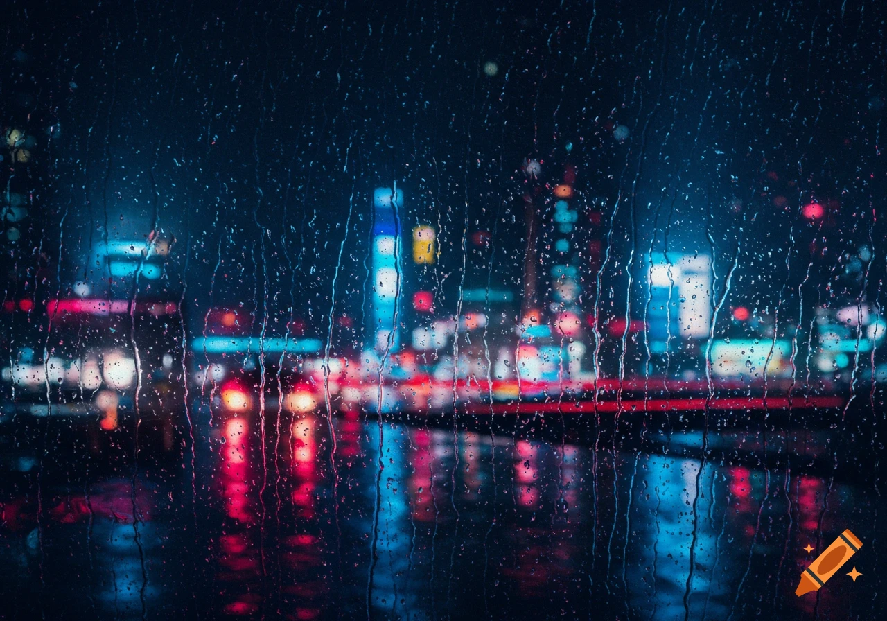 Raindrops streak down a window overlooking blurry, colorful city lights at night.
