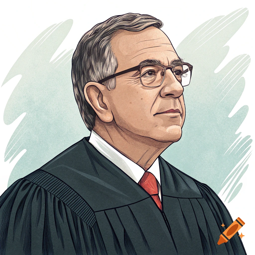 Illustration of a man wearing a judge's robe and glasses.