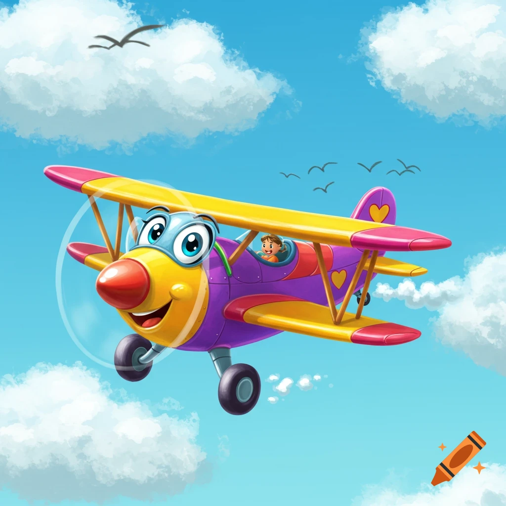 Cartoon biplane with a face, flying in a blue sky with clouds and a child inside.