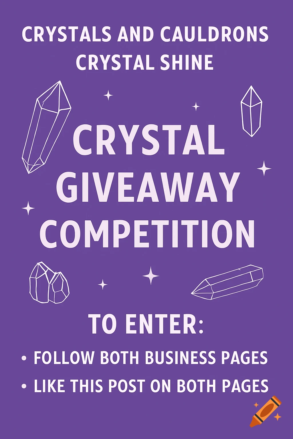 Purple digital poster promoting a crystal giveaway competition with white text and outline illustrations of crystals.