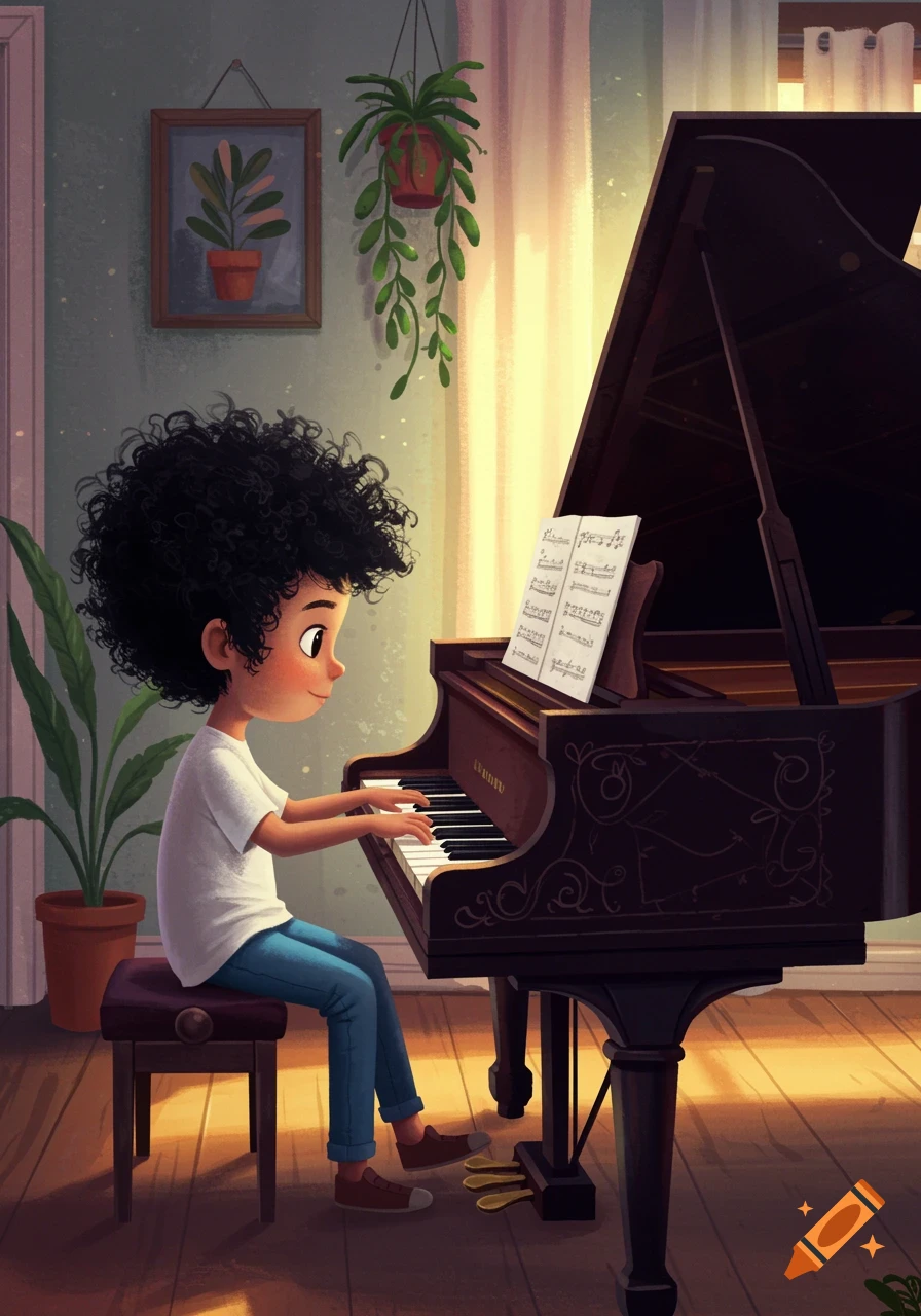 A stylized illustration of a child with curly black hair playing a grand piano in a sunlit room.