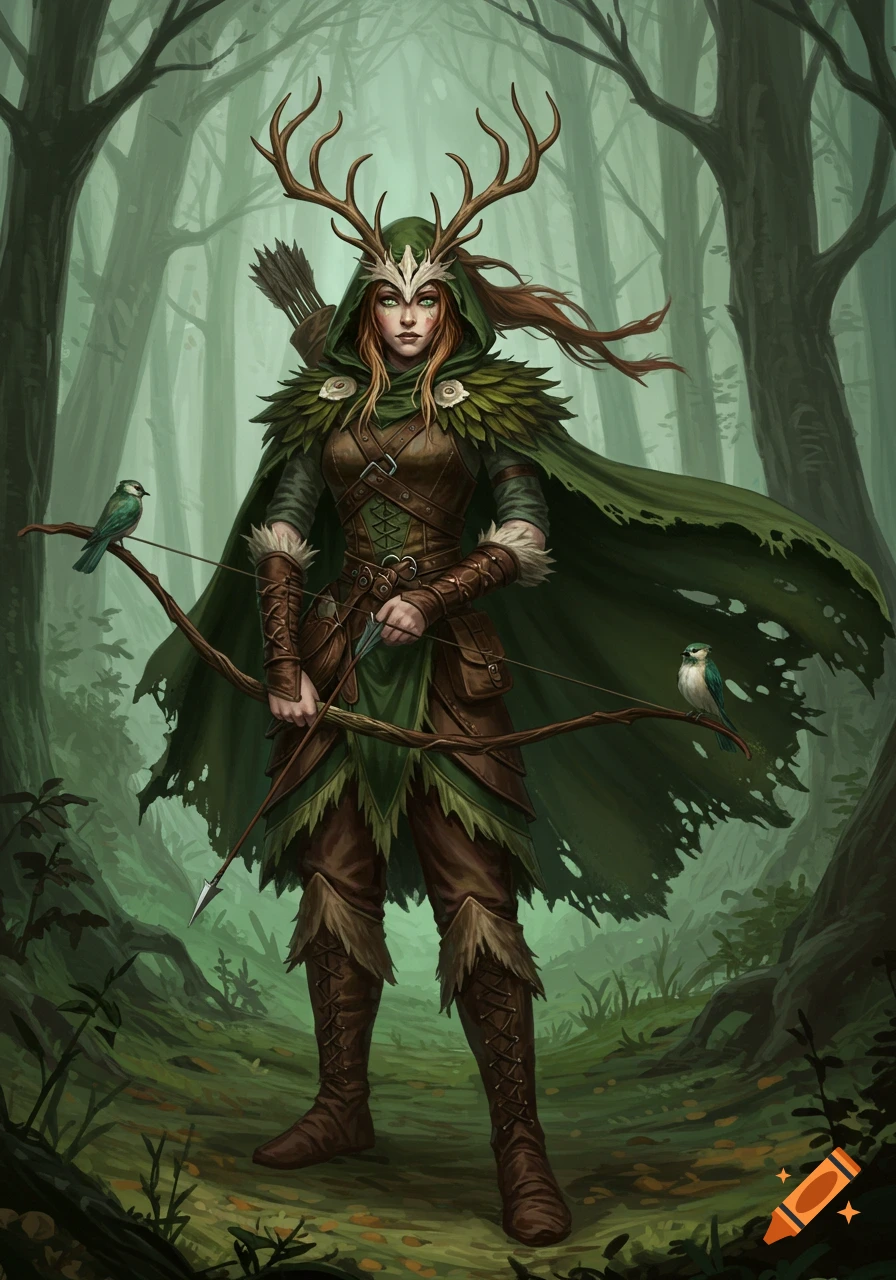 Painted illustration of a female forest guardian archer with antlers standing in a misty forest.