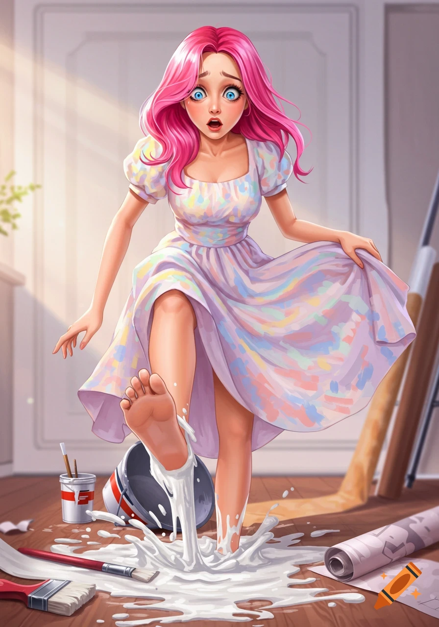 Woman with pink hair steps foot into a spill of white paste on a floor.
