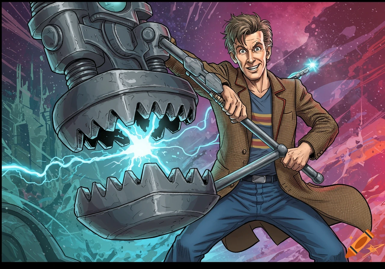 Comic style illustration of the 10th Doctor fighting with a large mechanical claw emitting electricity against a colorful background.