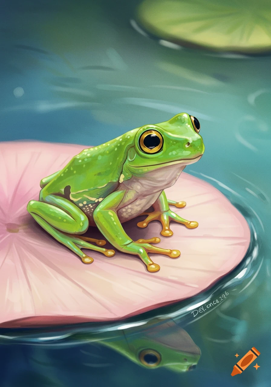 A vibrant green frog sits on a pink lily pad in calm water, illustrated in a digital painting style.
