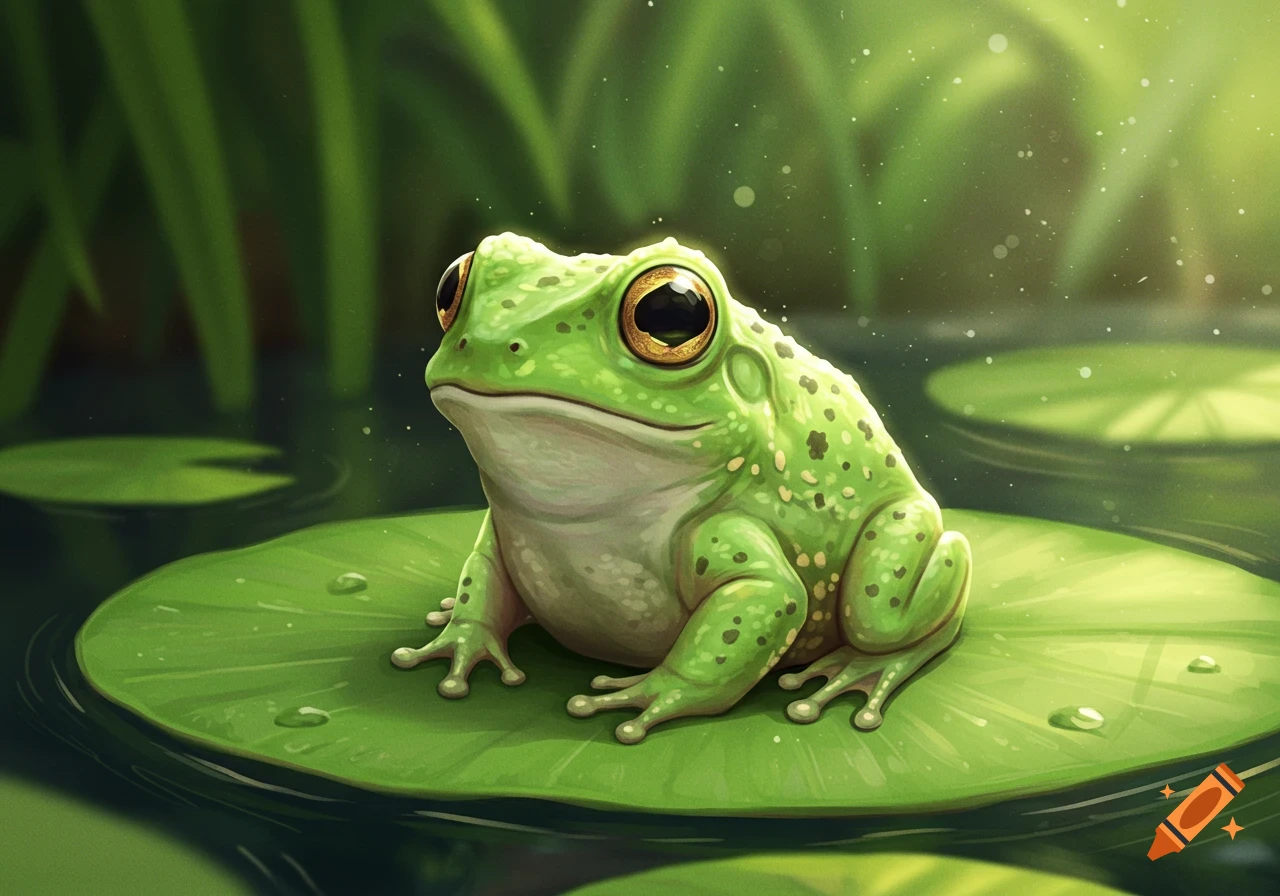 A cute green frog sits on a lily pad in water.