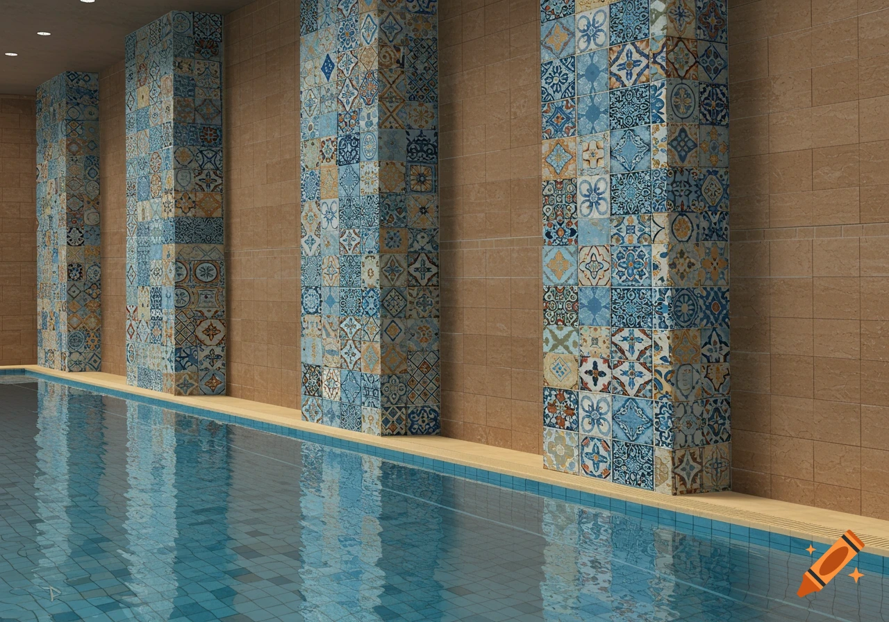 An indoor swimming pool with pillars covered in blue and orange decorative tiles and brown tiled walls.