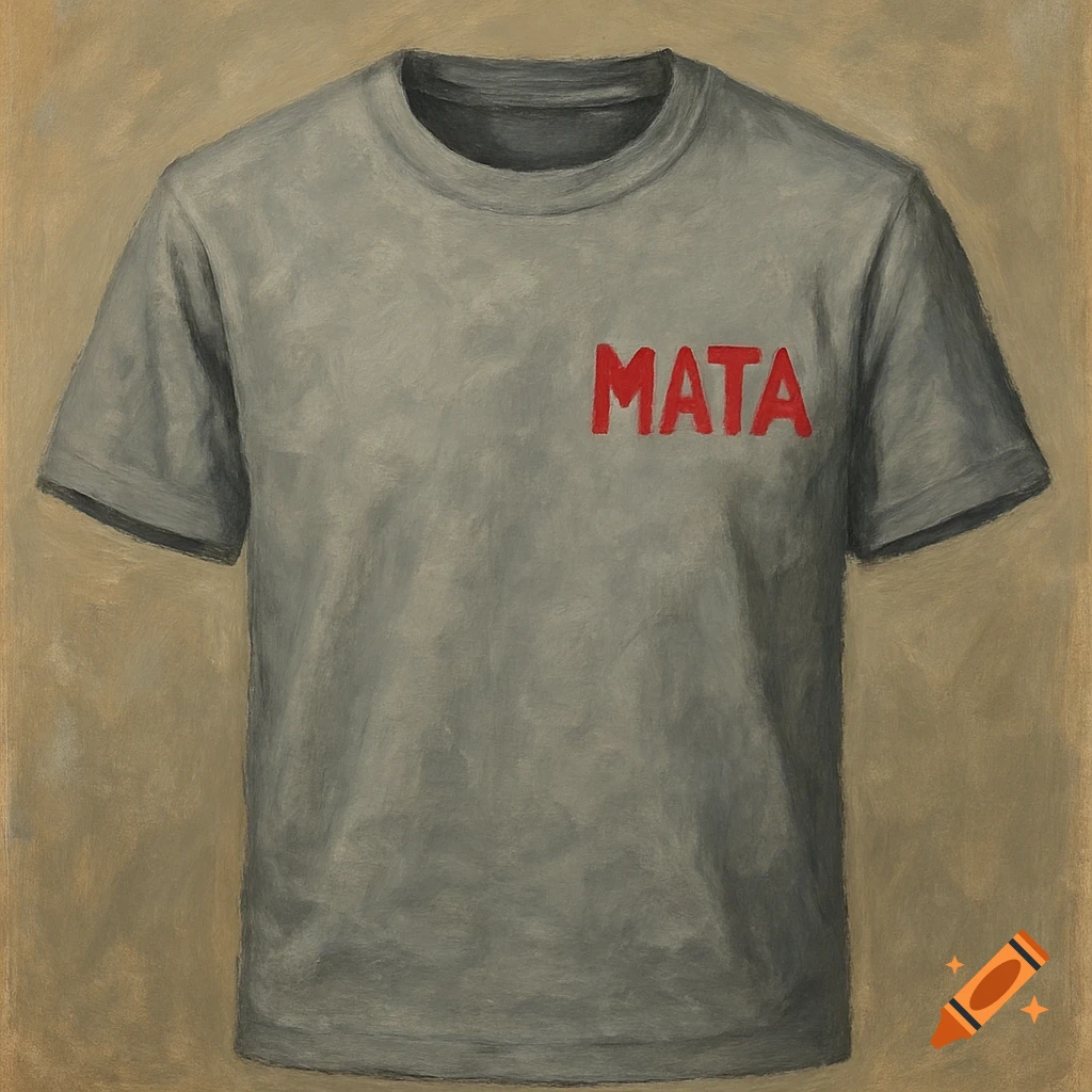 A grey t-shirt with red text "MATA" on the left chest, in a painterly style.