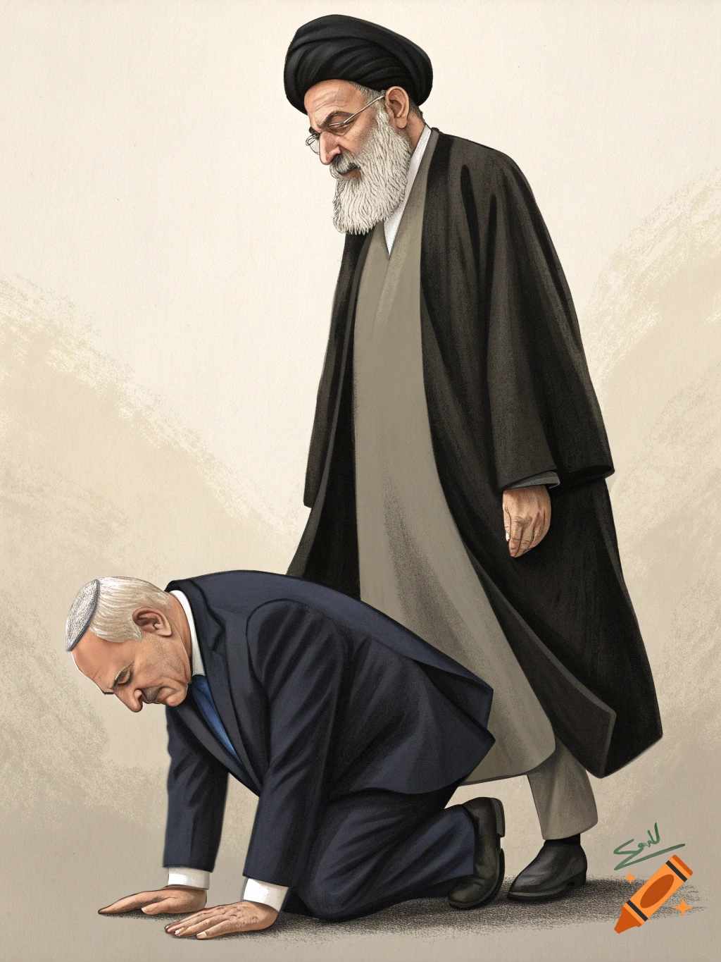 Illustration of a man in a black robe standing over a man in a suit and kippah who is kneeling.