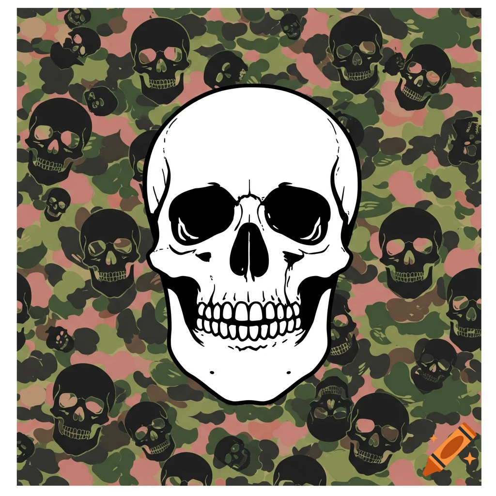 A large white skull centered over a pink and green camouflage pattern with smaller black skulls scattered.