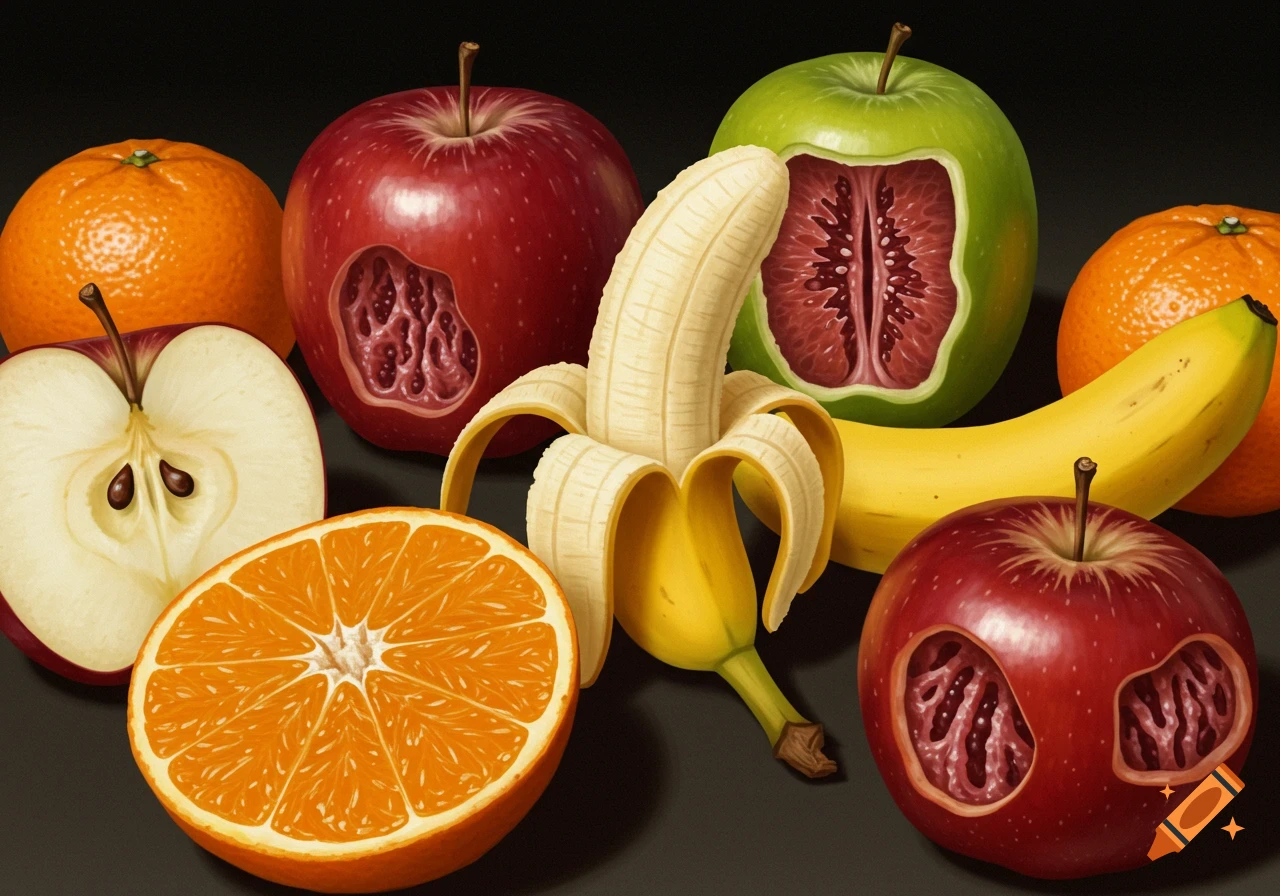 Still life painting of various fruits including apples and oranges cut open to reveal unusual biological material inside, with a peeled banana.