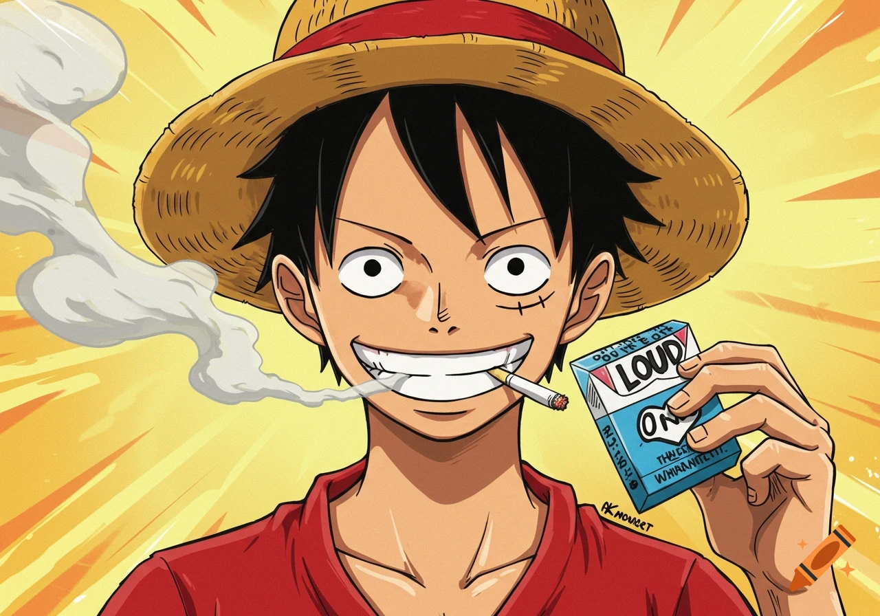Anime illustration of Monkey D. Luffy smoking a cigarette and holding a  cigarette pack. on Craiyon, image size:1280x896