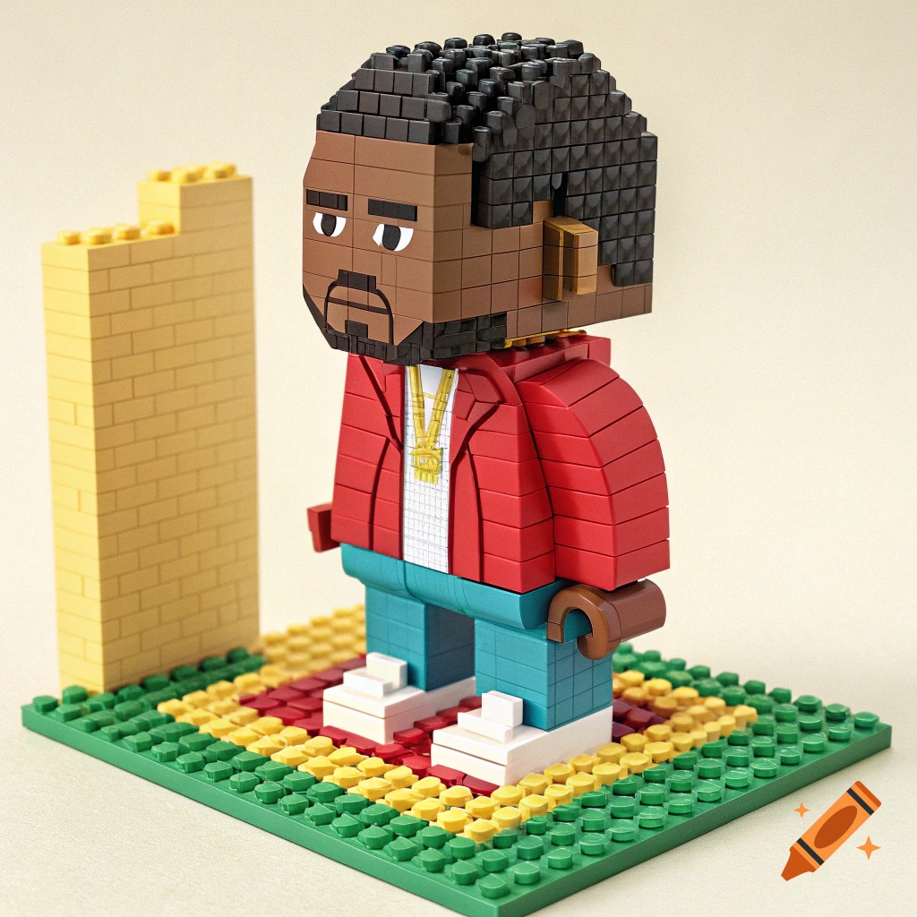 A Lego figure resembling Kanye West stands on a green baseplate next to a yellow wall.
