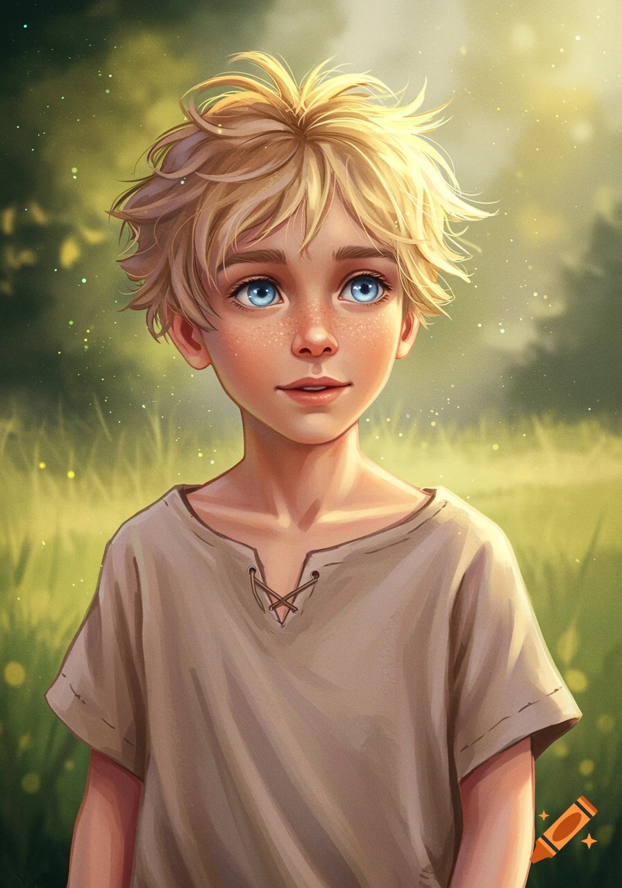 Illustration of a blonde boy with blue eyes and freckles in a field.