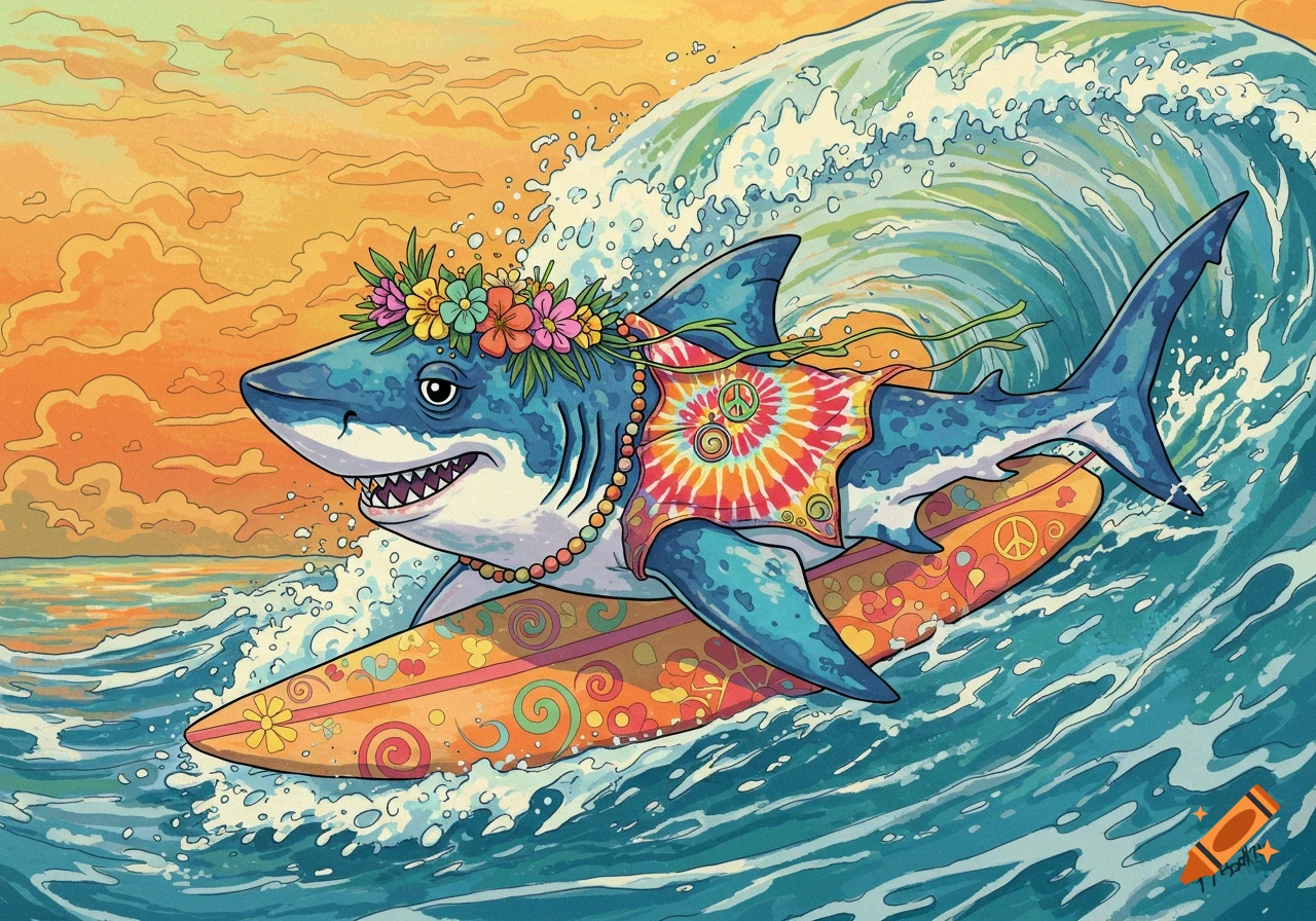A cartoon hippie shark wearing a floral crown and a tie-dye shirt surfs on a decorated surfboard in a colorful ocean.
